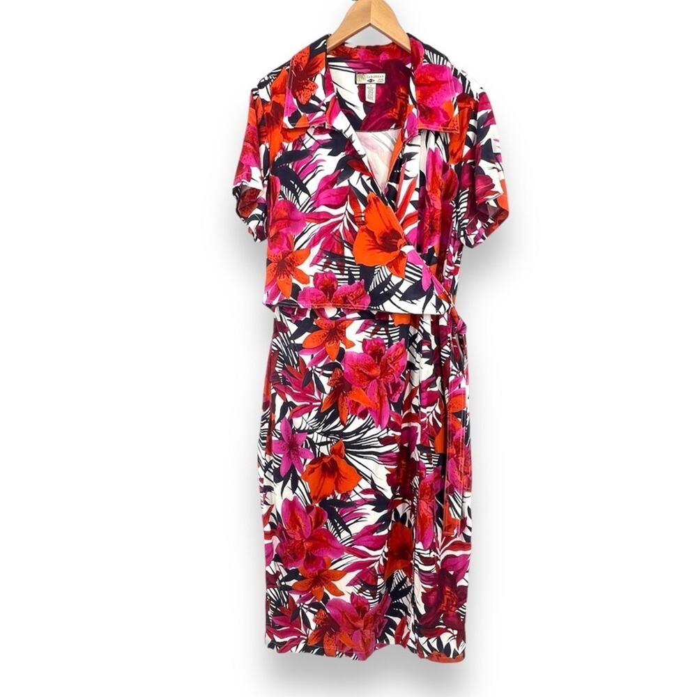 Caribbean Joe pink floral lillies faux wrap side tie short sleeve tropical dress